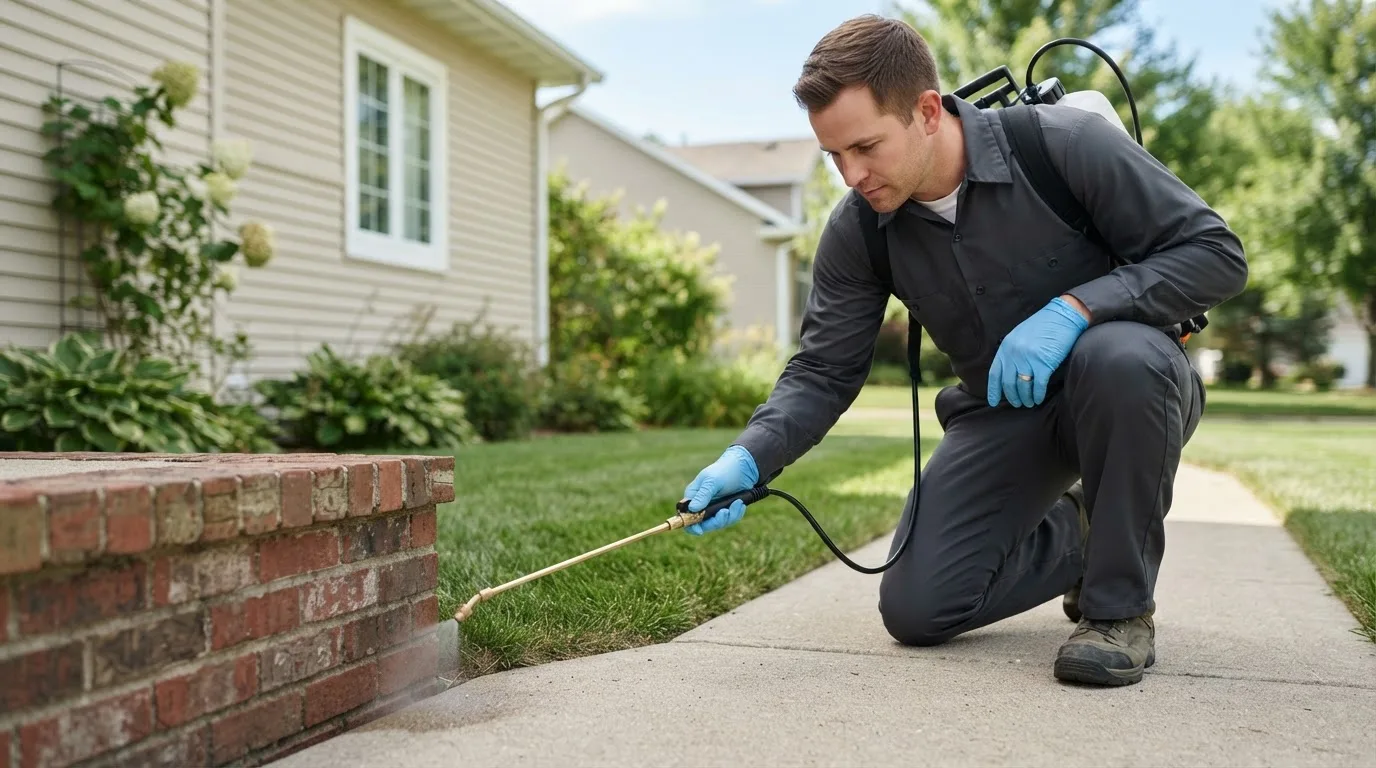 Pest control technician treating a home near Cuttingsville, VT